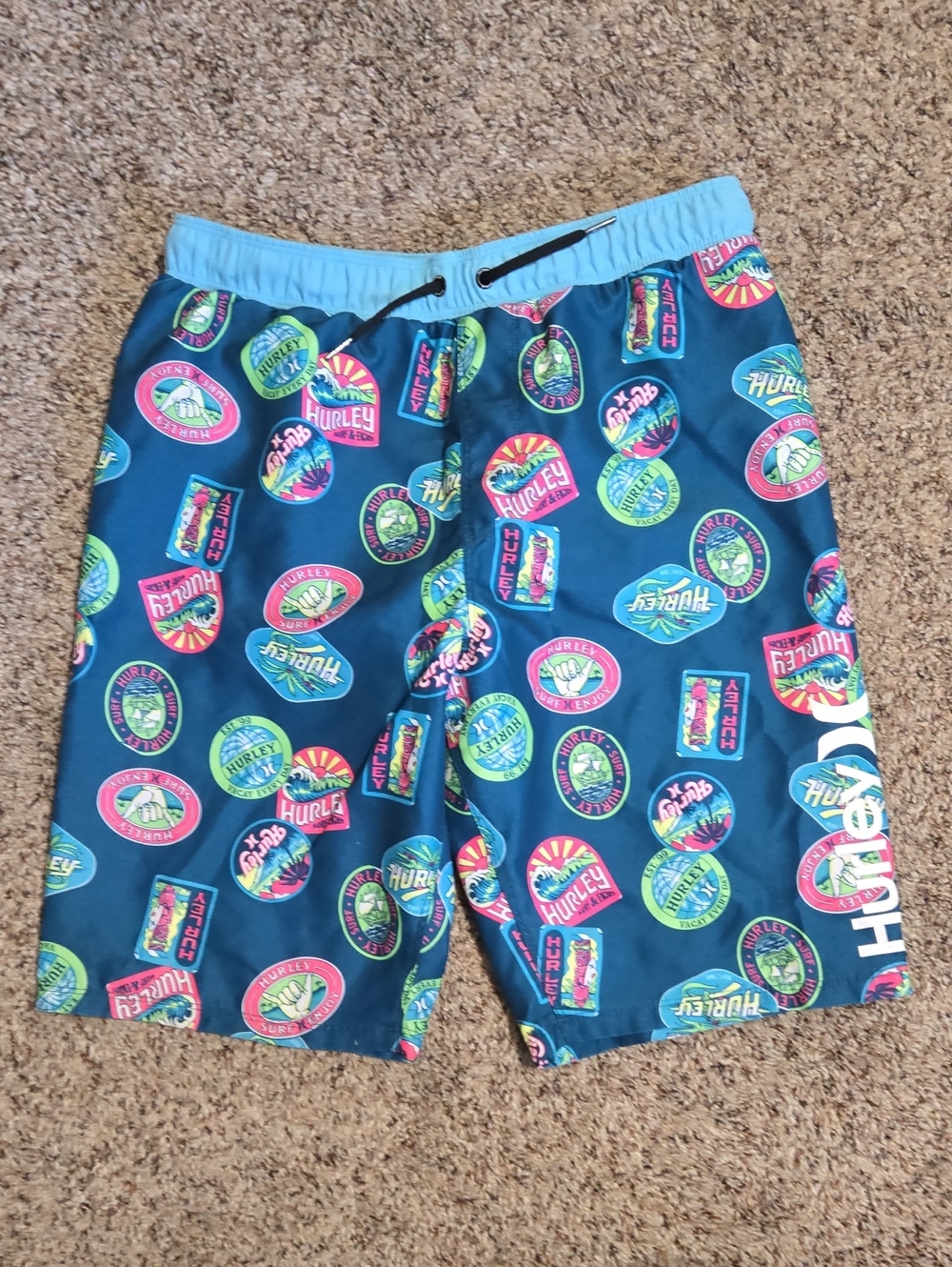Hurley Teal Swim Trunks with Multicolor Badge Print